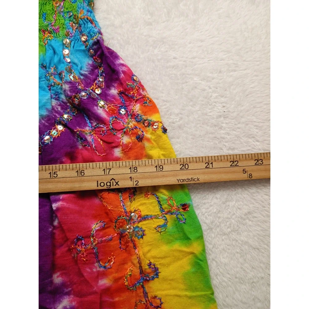 Boho Rainbow Tie Dye Smocked Sequin Embroidered Maxi Skirt Festival Dress NWOT